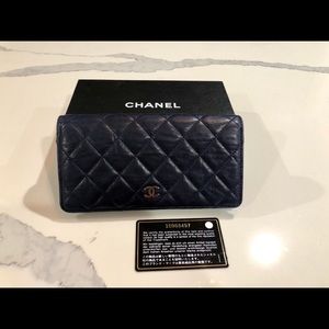 Authentic Chanel dark blue lamb long wallet